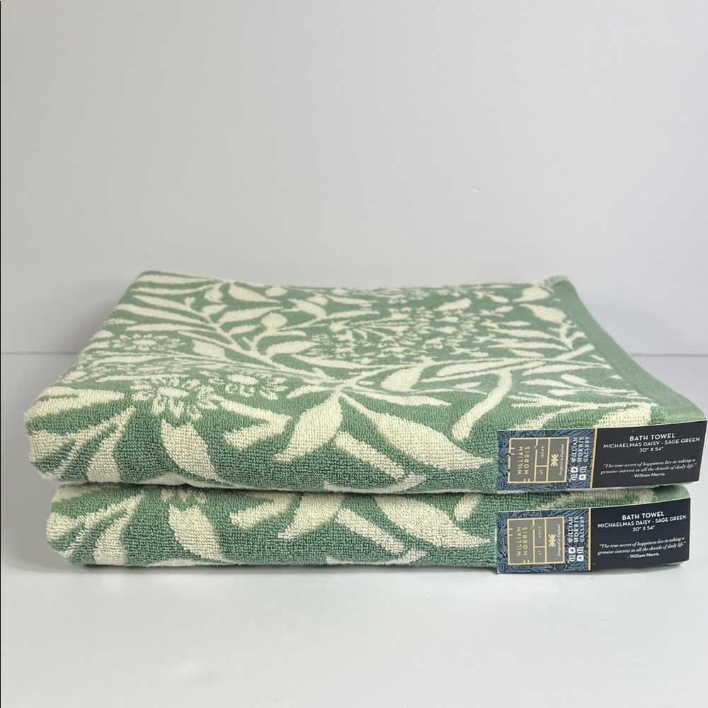 William Morris Bath Towels Michaelmas Daisy Botanical Green Cream Set of 2 NEW